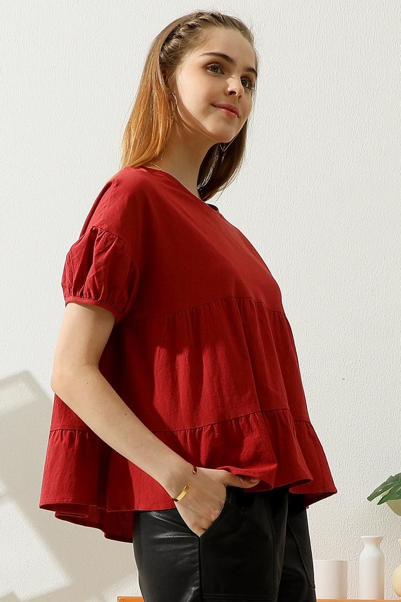 SLIT BACK SHORT PUFF SLEEVE CAKE RUFFLE TOP - Doublju