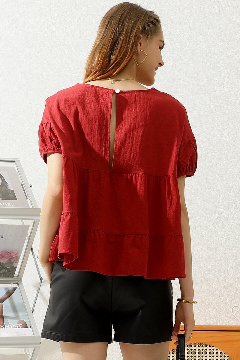 SLIT BACK SHORT PUFF SLEEVE CAKE RUFFLE TOP - Doublju