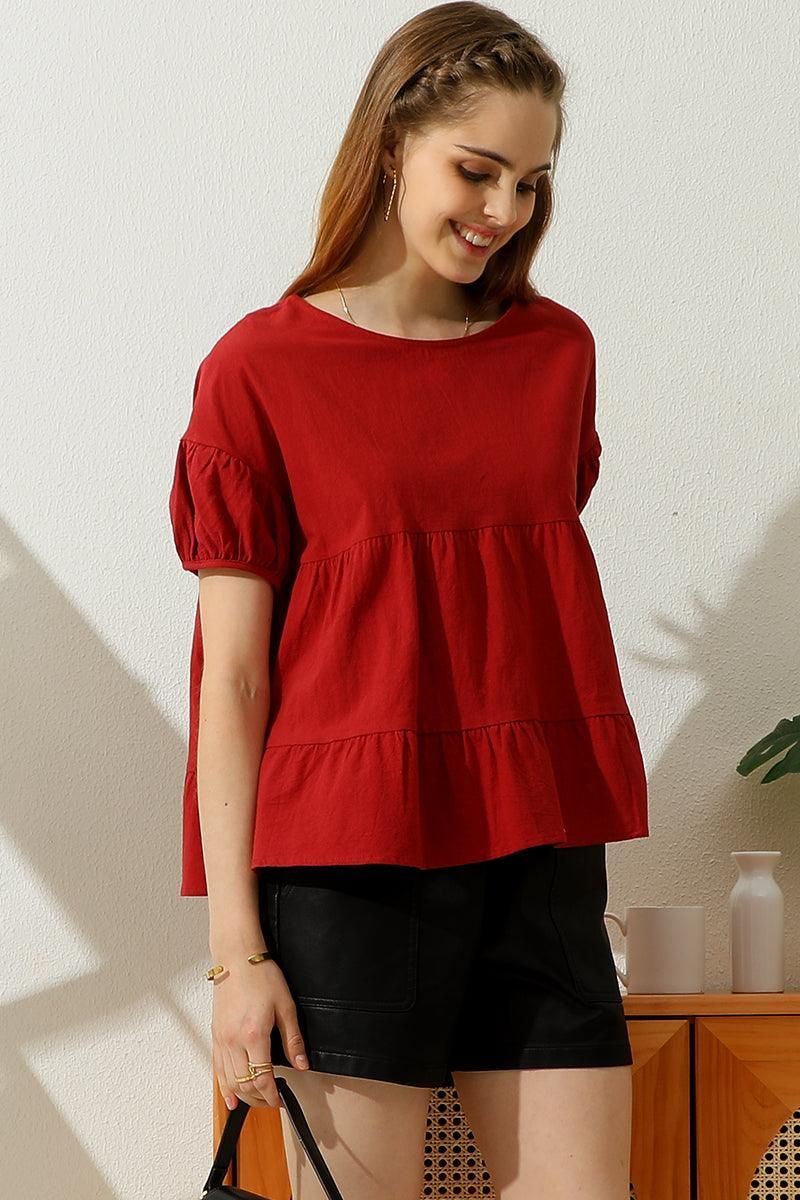 SLIT BACK SHORT PUFF SLEEVE CAKE RUFFLE TOP - Doublju