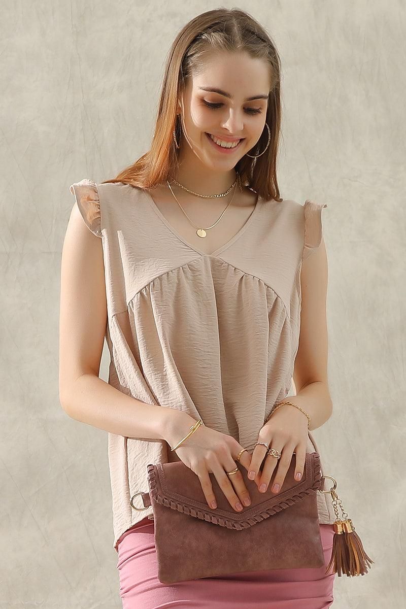 V NECK RUFFLE SLEEVE TOP - Doublju