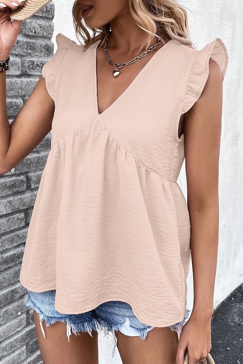 V NECK RUFFLE SLEEVE TOP - Doublju