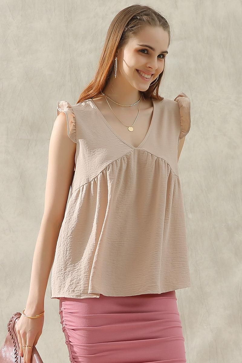 V NECK RUFFLE SLEEVE TOP - Doublju
