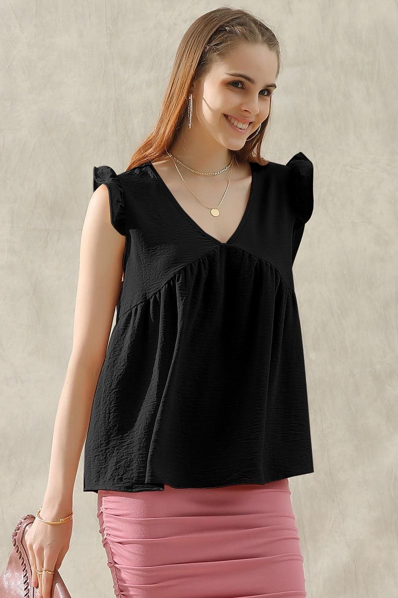 V NECK RUFFLE SLEEVE TOP - Doublju