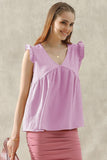 V NECK RUFFLE SLEEVE TOP - Doublju