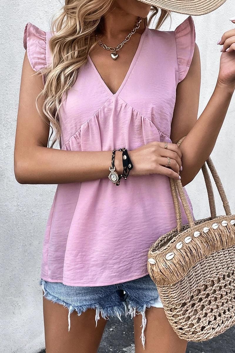 V NECK RUFFLE SLEEVE TOP - Doublju