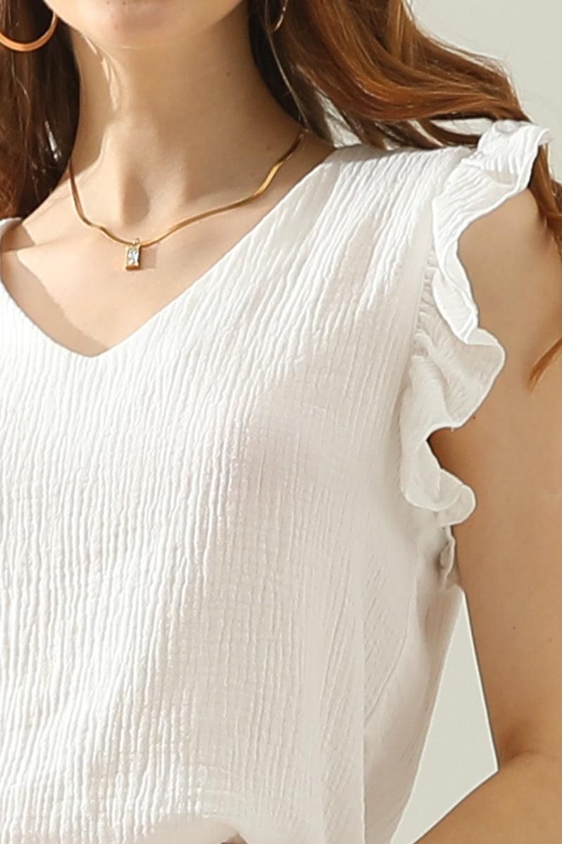 V NECK RUFFLED SLEEVE COTTON TOP - Doublju