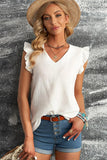 V NECK RUFFLED SLEEVE COTTON TOP - Doublju