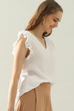 V NECK RUFFLED SLEEVE COTTON TOP - Doublju