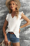 V NECK RUFFLED SLEEVE COTTON TOP - Doublju