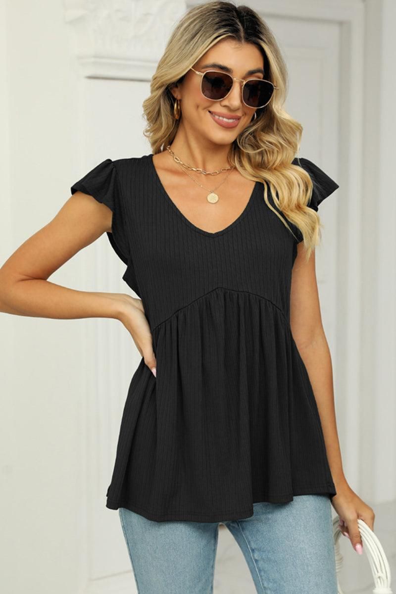 V NECK RUFFLED SHORT SLEEVE FLARE TUNIC TOP - Doublju