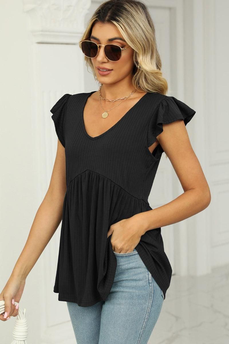 V NECK RUFFLED SHORT SLEEVE FLARE TUNIC TOP - Doublju