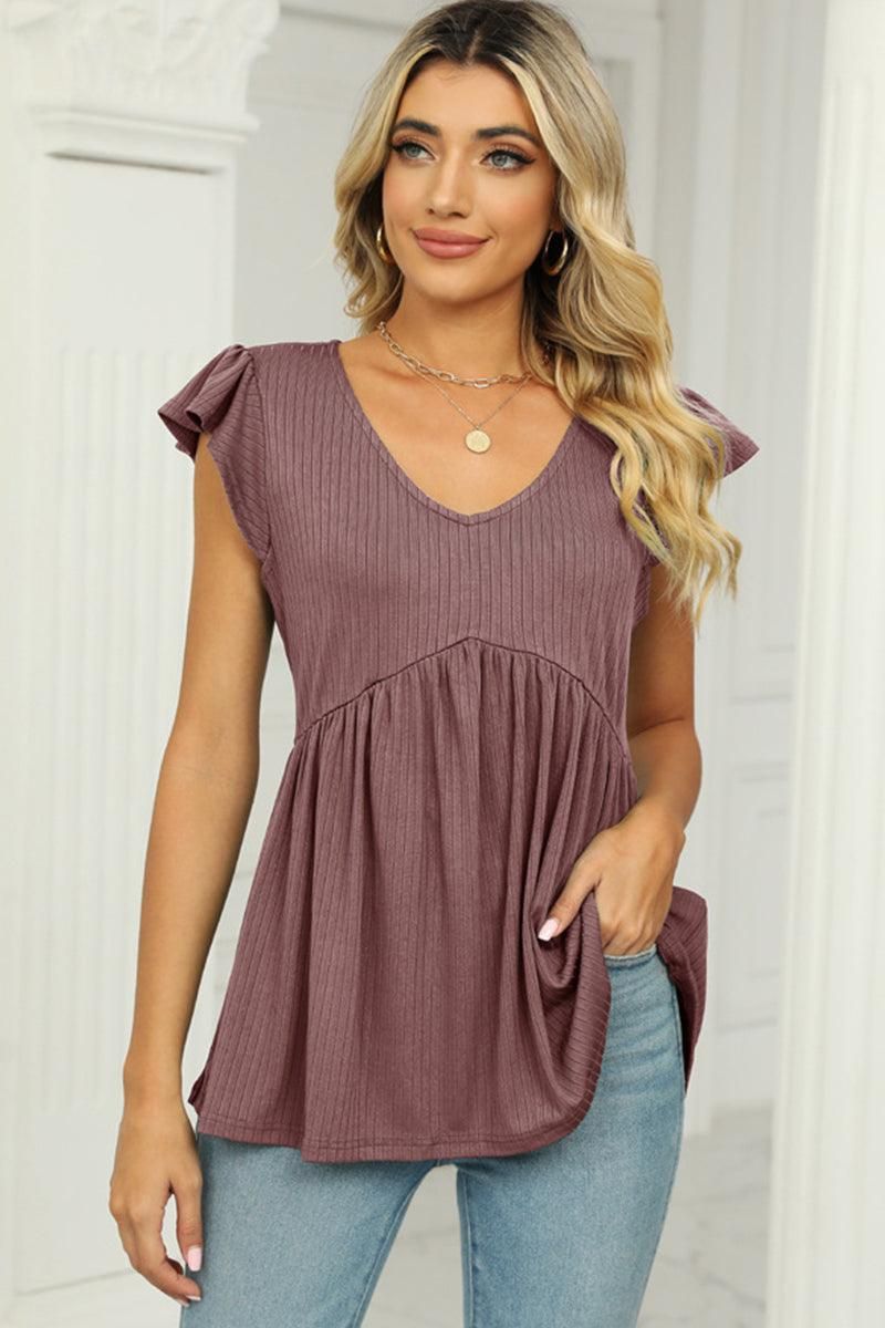 V NECK RUFFLED SHORT SLEEVE FLARE TUNIC TOP - Doublju