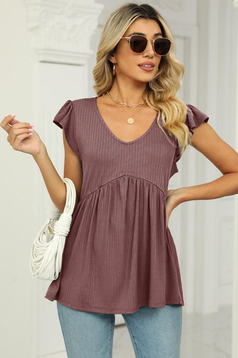 V NECK RUFFLED SHORT SLEEVE FLARE TUNIC TOP - Doublju