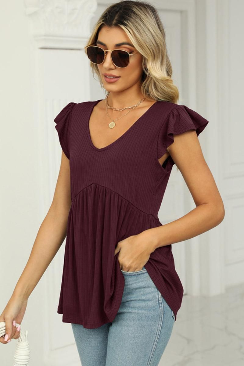 V NECK RUFFLED SHORT SLEEVE FLARE TUNIC TOP - Doublju