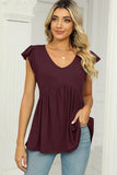 V NECK RUFFLED SHORT SLEEVE FLARE TUNIC TOP - Doublju