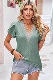 V NECK PUNCHING LACE LOOSE SHORT TULIP SLEEVE TOP - Doublju