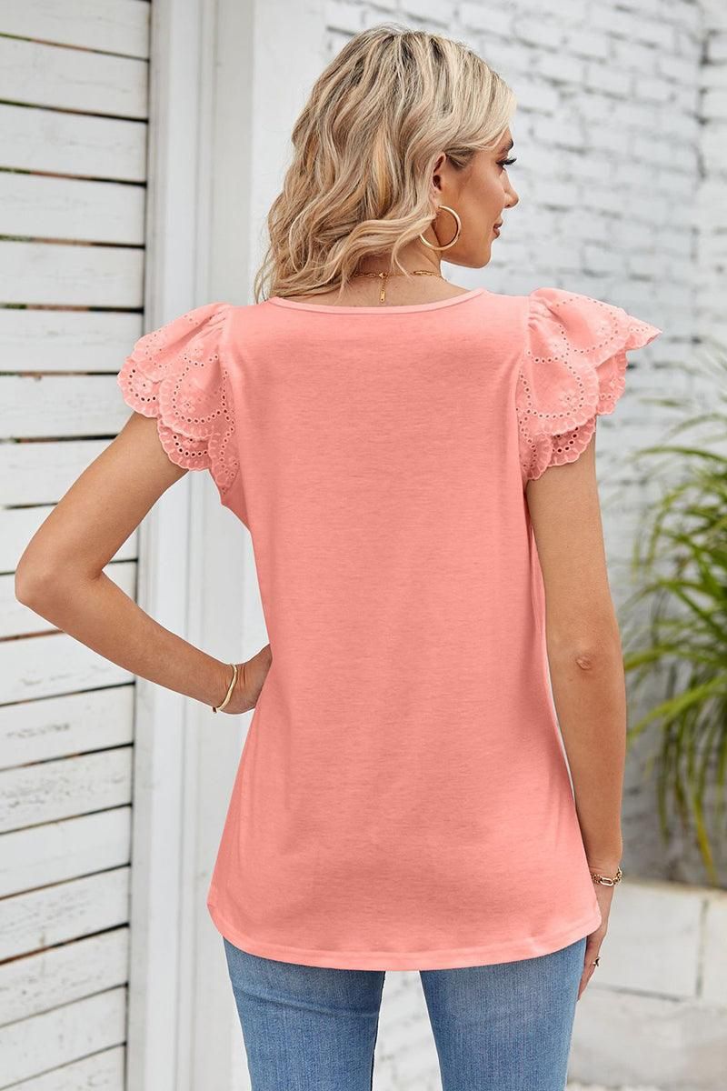 PUNCHING LACE ANGEL SLEEVE SQUARE NECK TUNIC TOP - Doublju