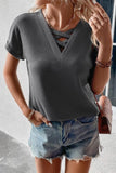 ROLL UP CROSS LINE V NECK WAFFLE KNIT TOP - Doublju