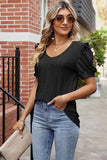 ROUND NECK RUFFLED PUFF SLEEVE EYELET T SHIRTS - Doublju