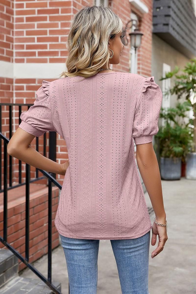 ROUND NECK RUFFLED PUFF SLEEVE EYELET T SHIRTS - Doublju