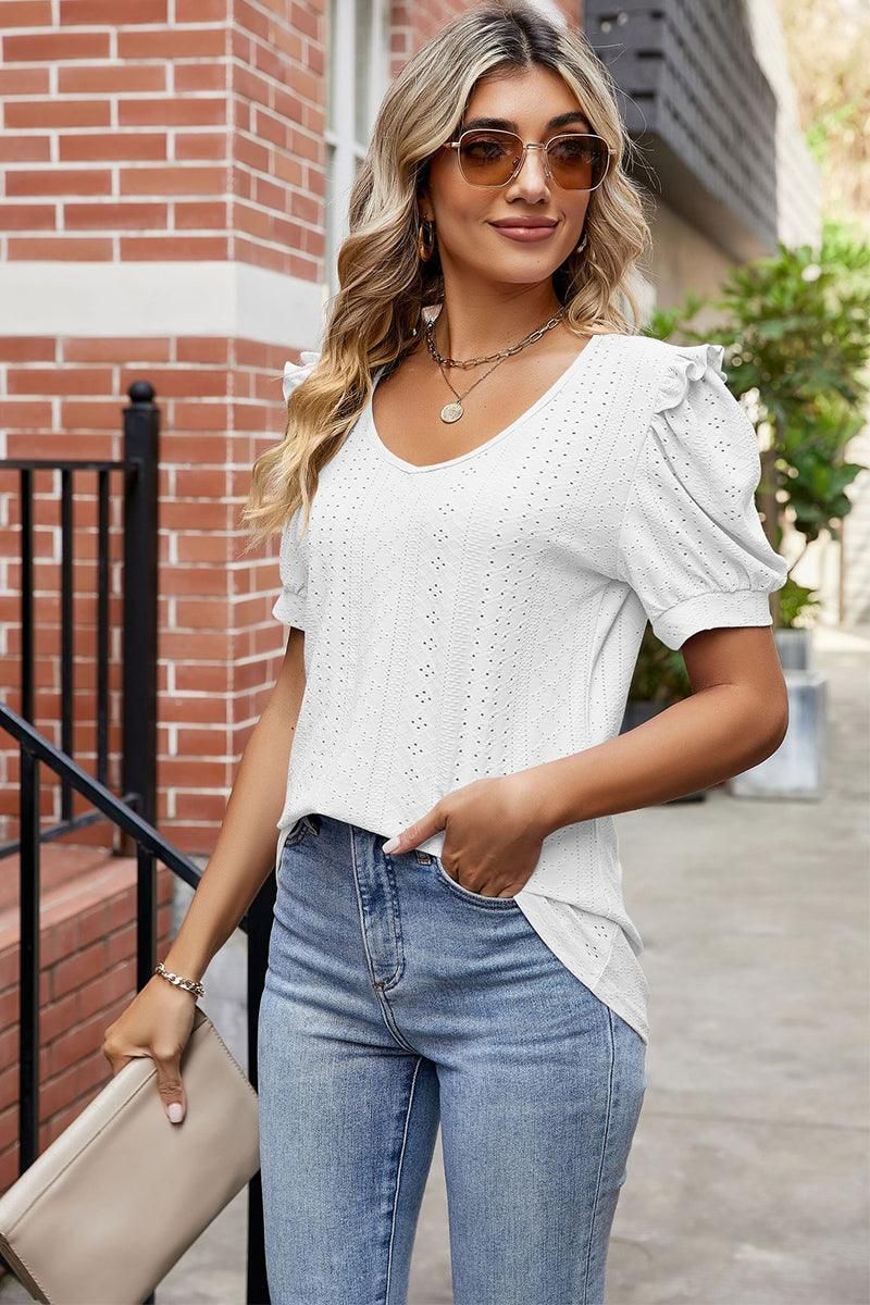 ROUND NECK RUFFLED PUFF SLEEVE EYELET T SHIRTS - Doublju