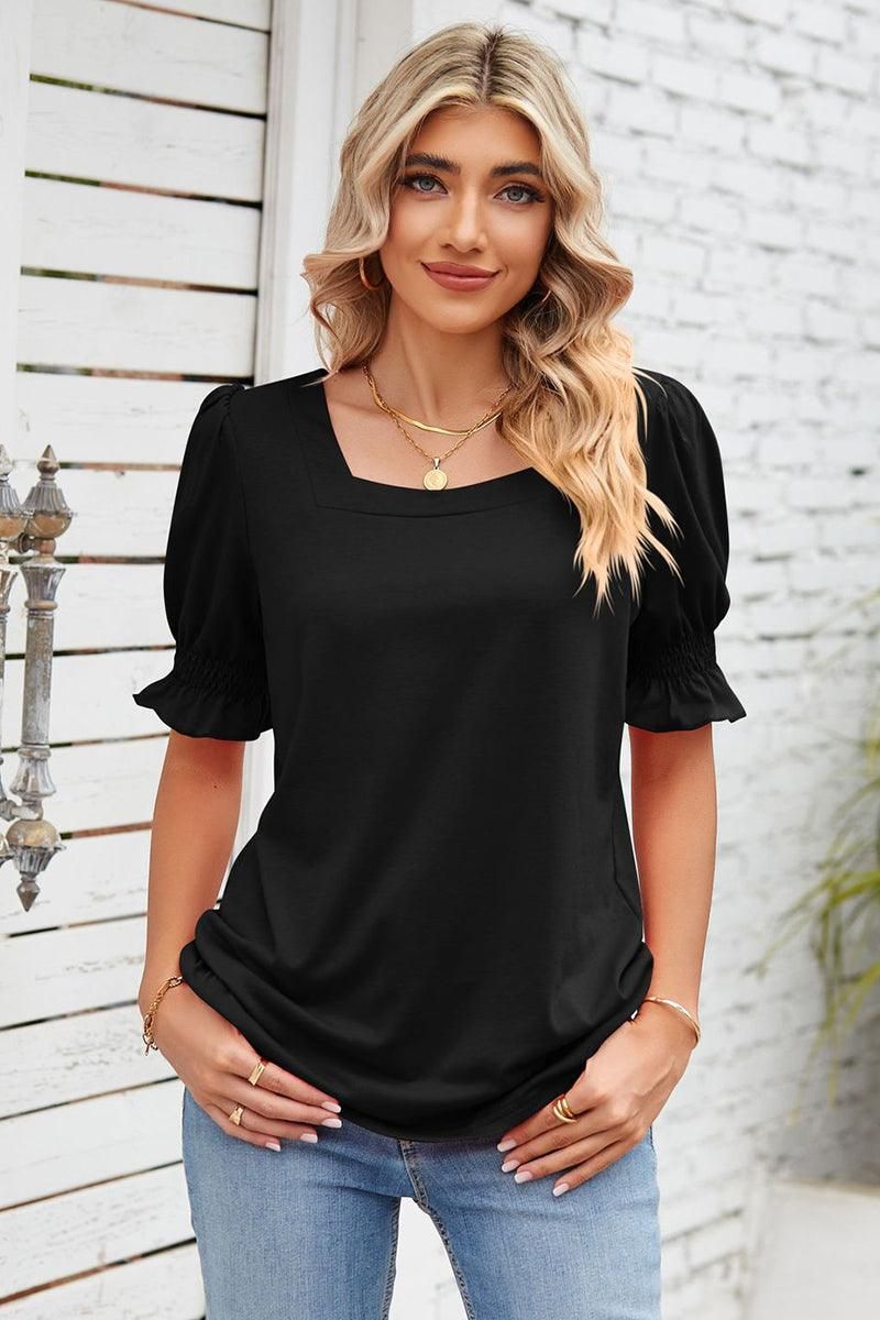 SQUARE NECK RUFFLED SHORT SLEEVE WOMEN T SHIRTS - Doublju