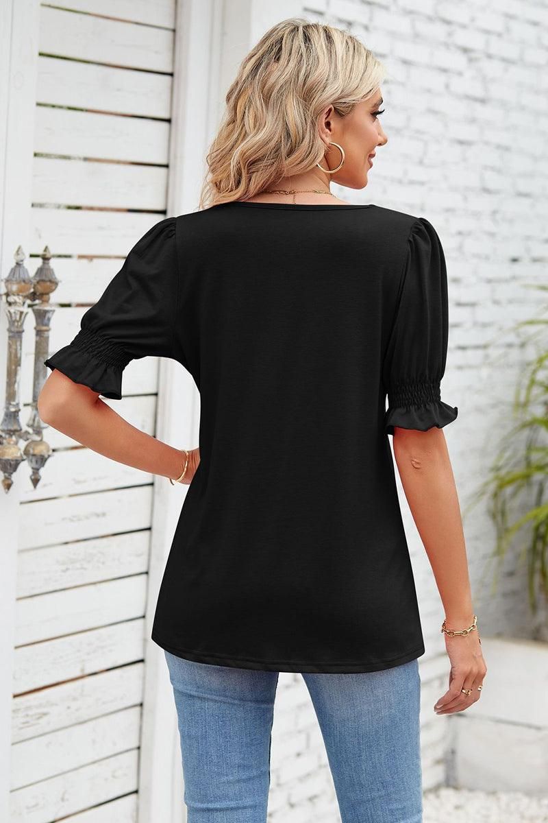 SQUARE NECK RUFFLED SHORT SLEEVE WOMEN T SHIRTS - Doublju