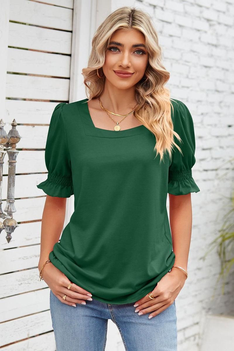 SQUARE NECK RUFFLED SHORT SLEEVE WOMEN T SHIRTS - Doublju