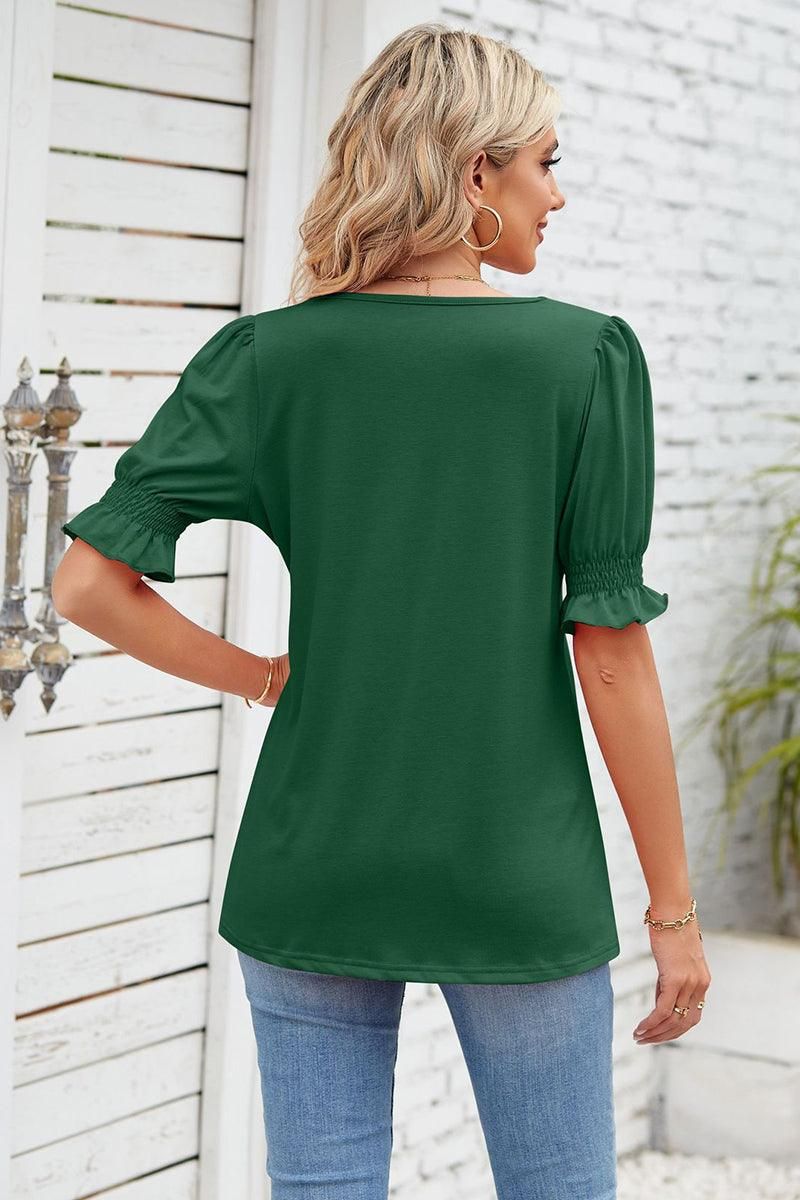 SQUARE NECK RUFFLED SHORT SLEEVE WOMEN T SHIRTS - Doublju