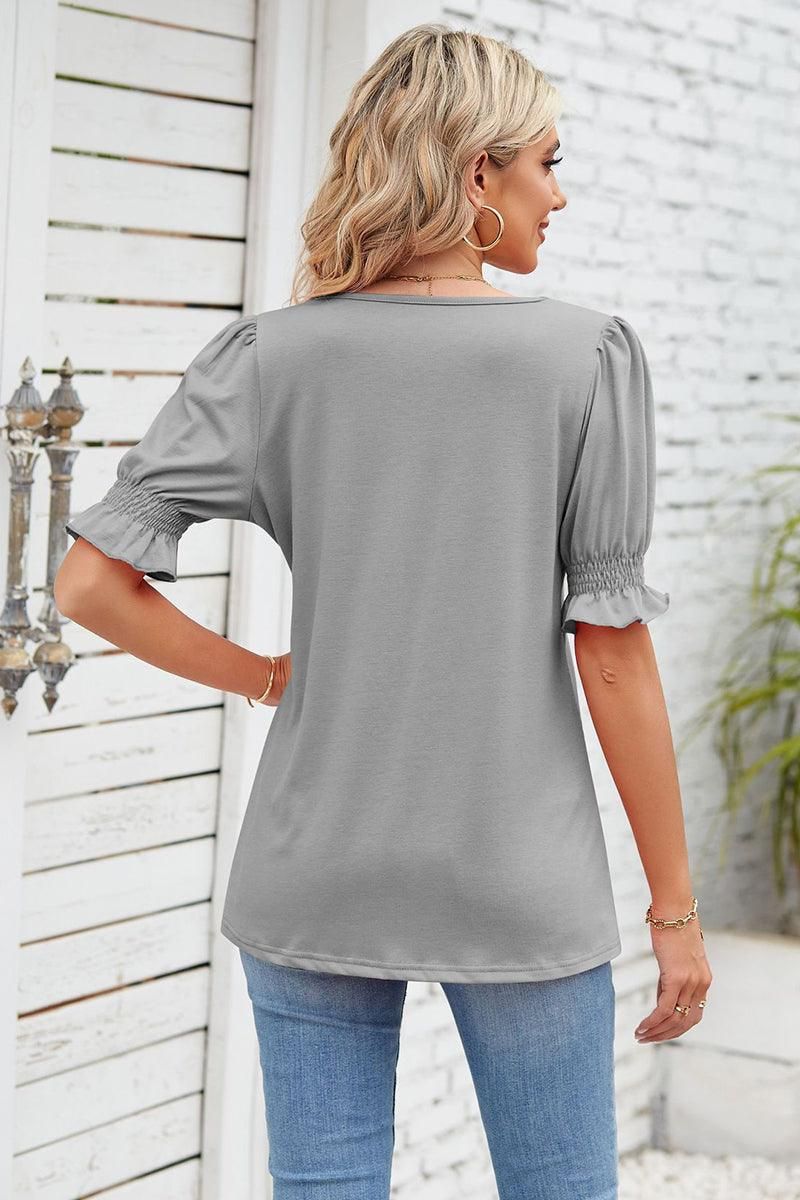 SQUARE NECK RUFFLED SHORT SLEEVE WOMEN T SHIRTS - Doublju