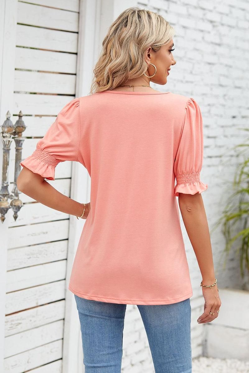 SQUARE NECK RUFFLED SHORT SLEEVE WOMEN T SHIRTS - Doublju