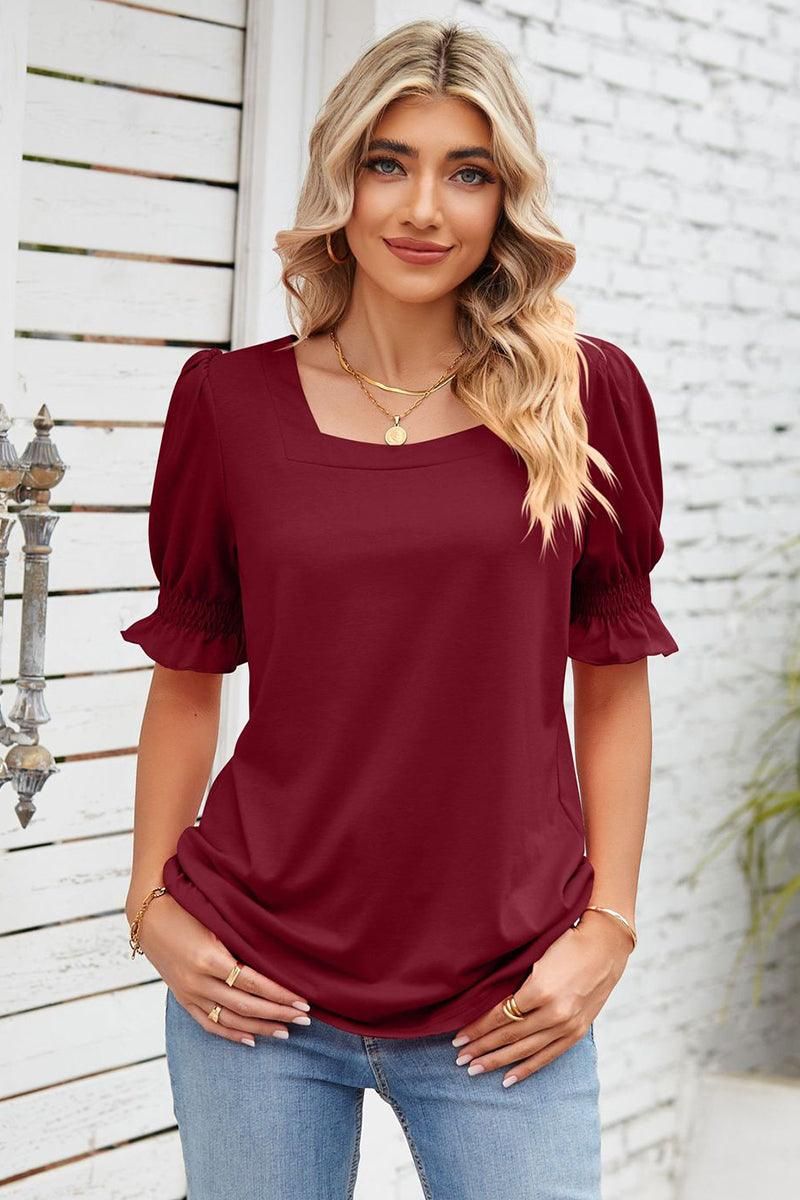 SQUARE NECK RUFFLED SHORT SLEEVE WOMEN T SHIRTS - Doublju