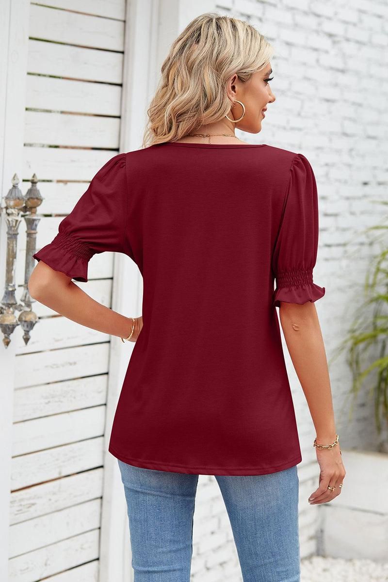 SQUARE NECK RUFFLED SHORT SLEEVE WOMEN T SHIRTS - Doublju