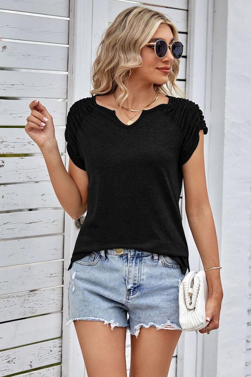 DRAPED SHORT SLEEVE WOMEN DAILY T SHIRTS - Doublju