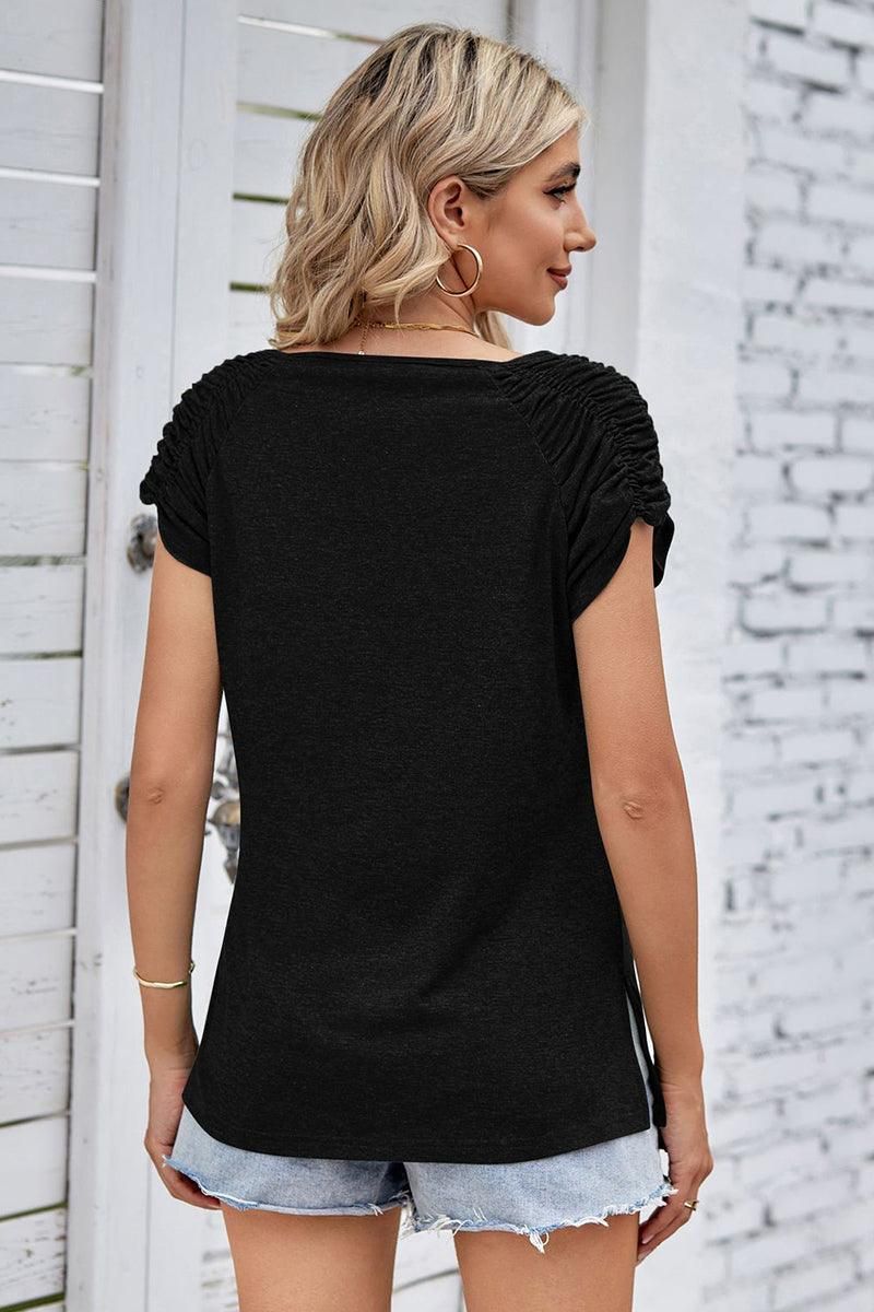 DRAPED SHORT SLEEVE WOMEN DAILY T SHIRTS - Doublju