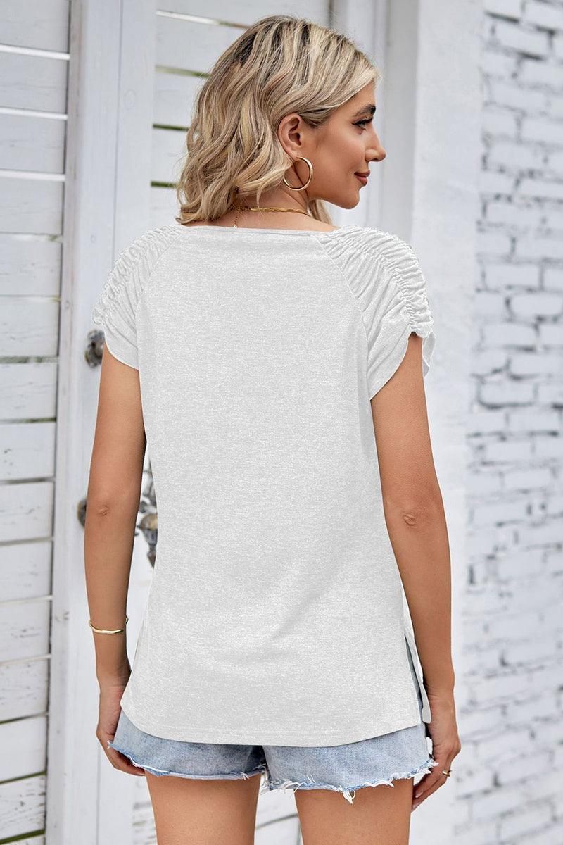 DRAPED SHORT SLEEVE WOMEN DAILY T SHIRTS - Doublju