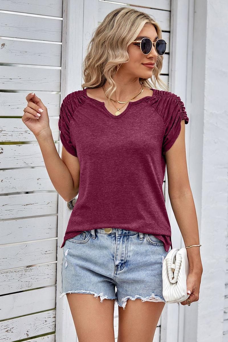 DRAPED SHORT SLEEVE WOMEN DAILY T SHIRTS - Doublju