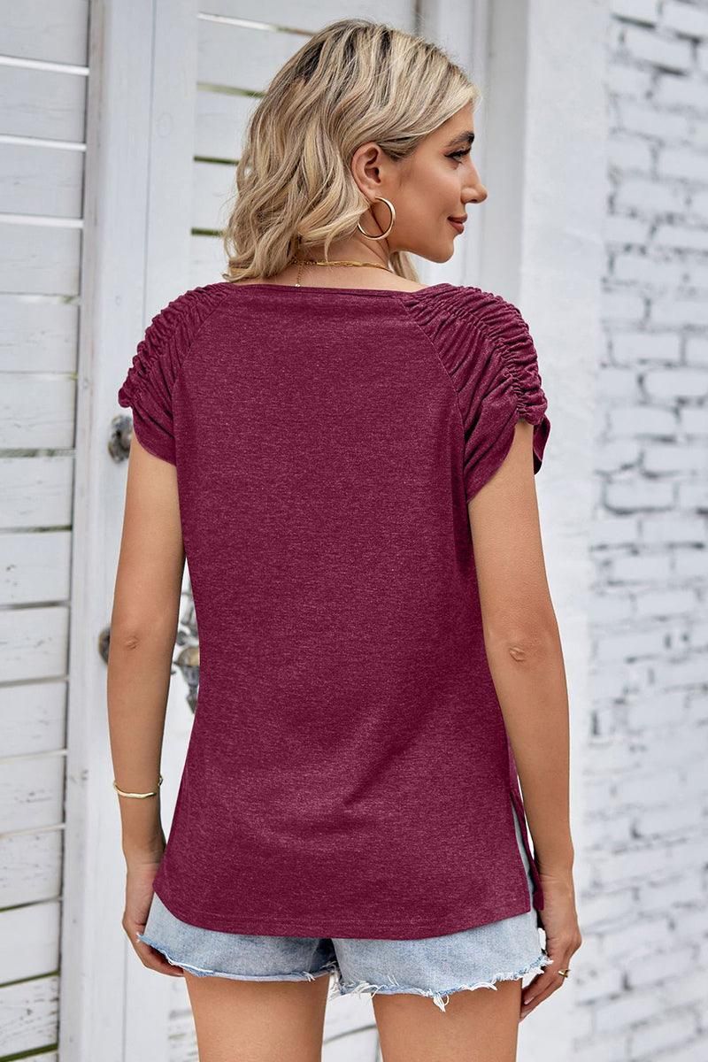 DRAPED SHORT SLEEVE WOMEN DAILY T SHIRTS - Doublju