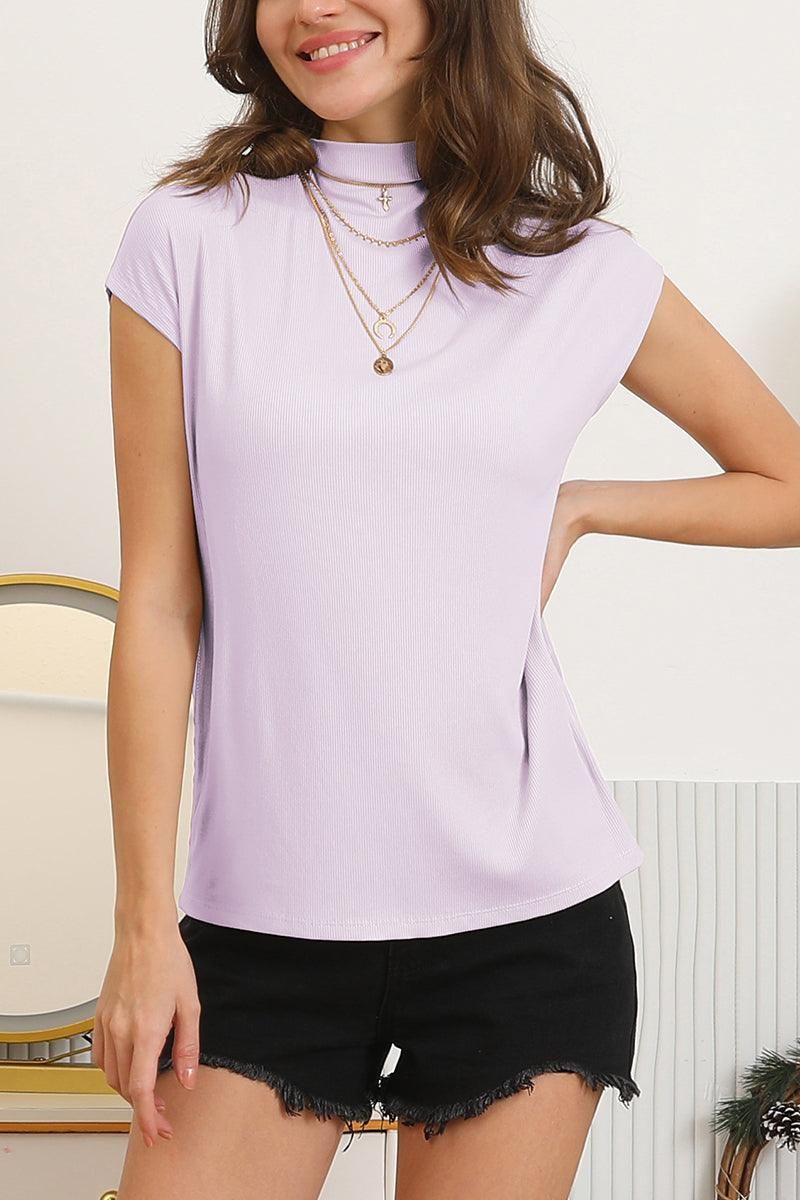 HALF TURTLE NECK SHORT SLEEVE RIBBED KNIT TOP - Doublju