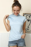 HALF TURTLE NECK SHORT SLEEVE RIBBED KNIT TOP - Doublju