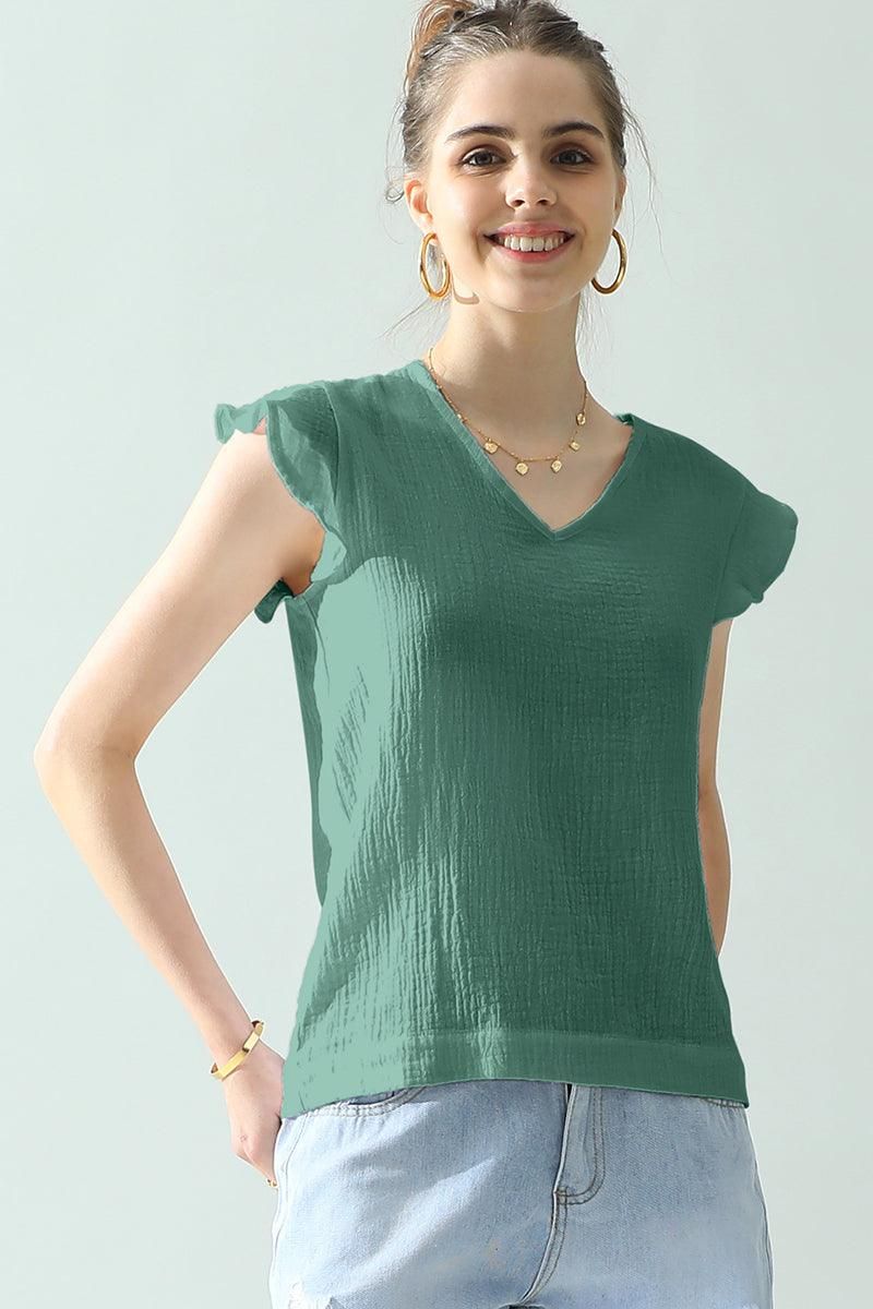 V NECK BUTTERFLY RUFFLE TUNIC TOP - Doublju