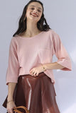 ROUND NECK ROLLED SHORT SLEEVE TUNIC TOP - Doublju