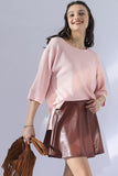 ROUND NECK ROLLED SHORT SLEEVE TUNIC TOP - Doublju