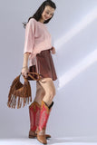 ROUND NECK ROLLED SHORT SLEEVE TUNIC TOP - Doublju