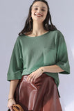 ROUND NECK ROLLED SHORT SLEEVE TUNIC TOP - Doublju
