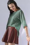 ROUND NECK ROLLED SHORT SLEEVE TUNIC TOP - Doublju