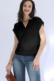 OPEN V NECK SHORT SLEEVELESS WAFFLE KNIT TOP - Doublju
