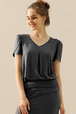 SOLID V NECK SHORT TULIP SLEEVE TUNIC TOPS - Doublju