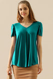 SOLID V NECK SHORT TULIP SLEEVE TUNIC TOPS - Doublju
