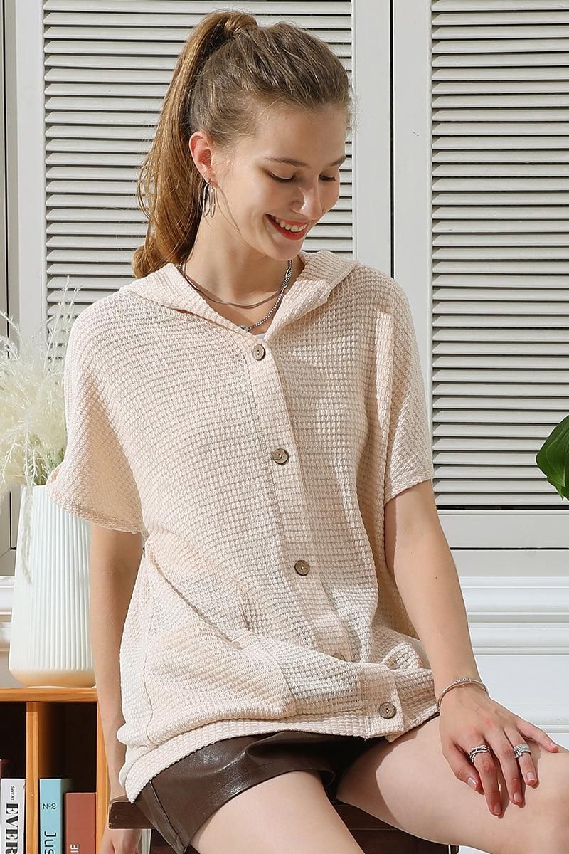 BOTTON DOWN HODDIE TOP CADIGAN WITH FRONT POCKETS - Doublju